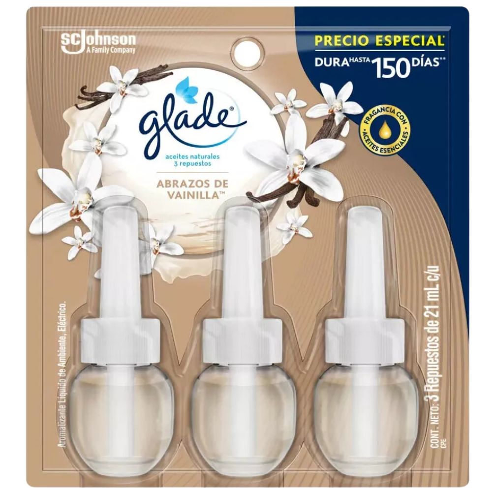 Glade Ambientador Aceites Naturales Abrazos de Vainilla 21ml X3 Repuestos