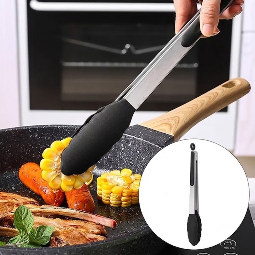 Alfa Hogar Pinza Silicona Y Acero Inoxidable 27 Cm. Mango Negro