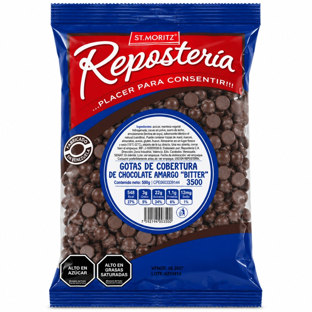 St. Moritz Reposteria Gotas de Cobertura de Chocolate Bitter Sin Azucar 3500 70% Cacao 500gr