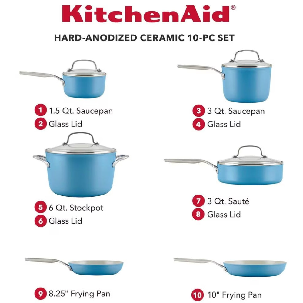 KitchenAid Set De Ollas Y Sartenes Antiadherentes Anodizadas Duras 10Pcs Color Azul