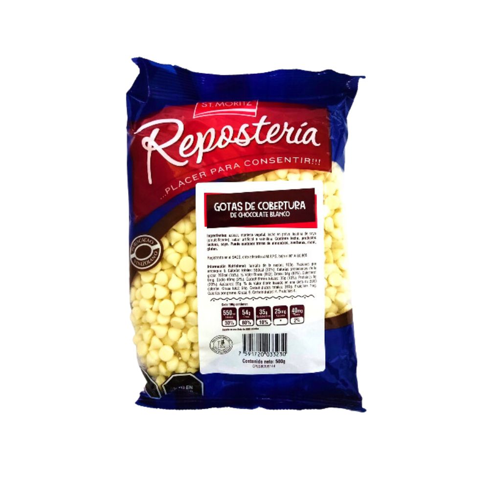 St. Moritz Reposteria Gotas de Cobertura de Chocolate Blanco 3500. 500gr