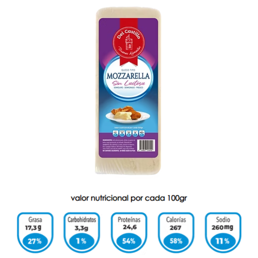 Queso Mozzarella sin Lactosa Rebanado Del Castillo 2 Opciones