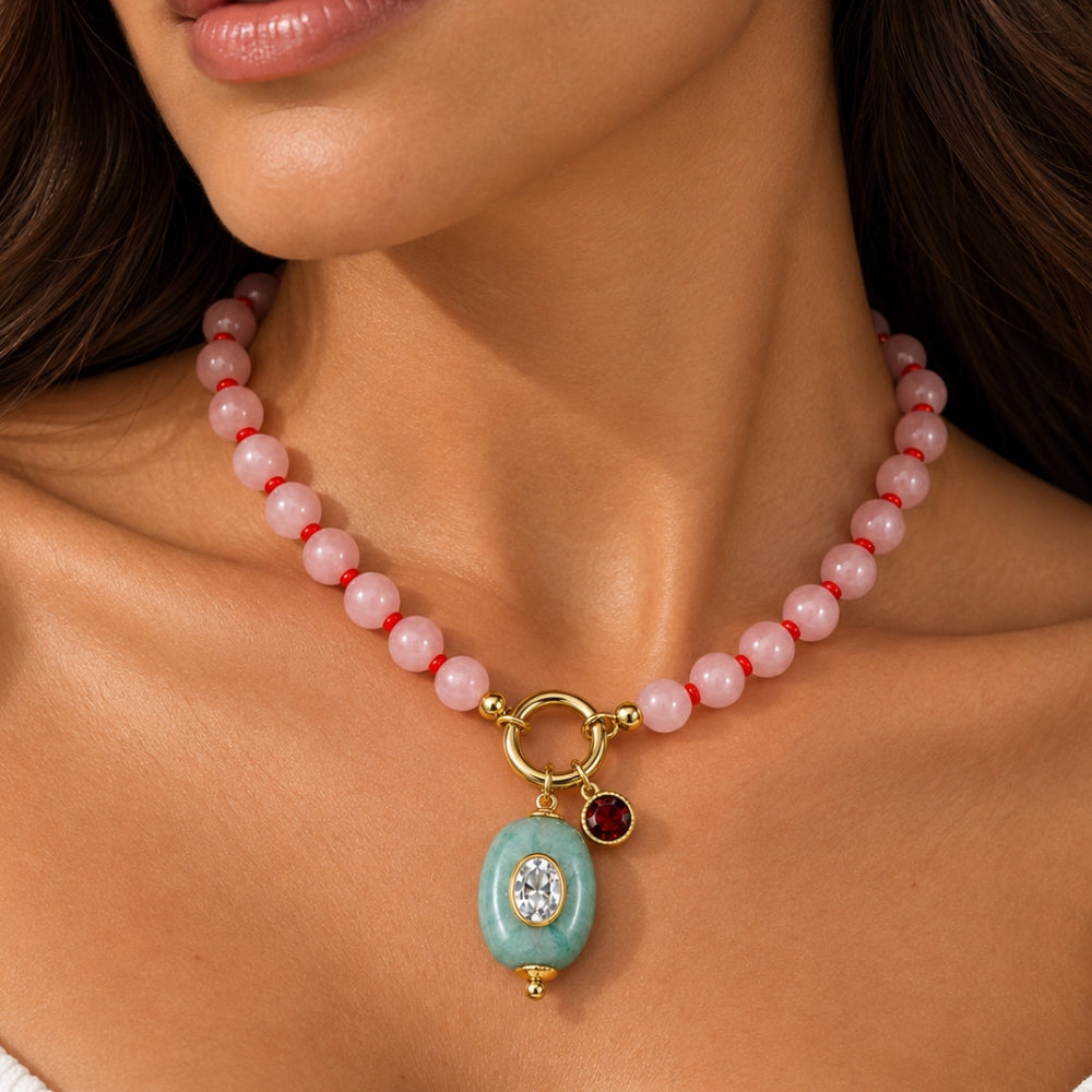 H&Co Collar Ajustable Para Damas Zion Cuarzo Verde y Cuarzo Rosado