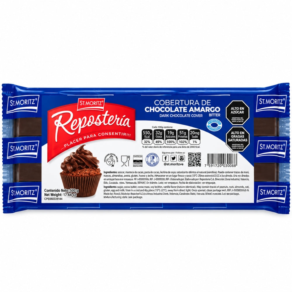 St. Moritz Reposteria Tableta de Cobertura con Sabor a Chocolate Oscuro 500gr