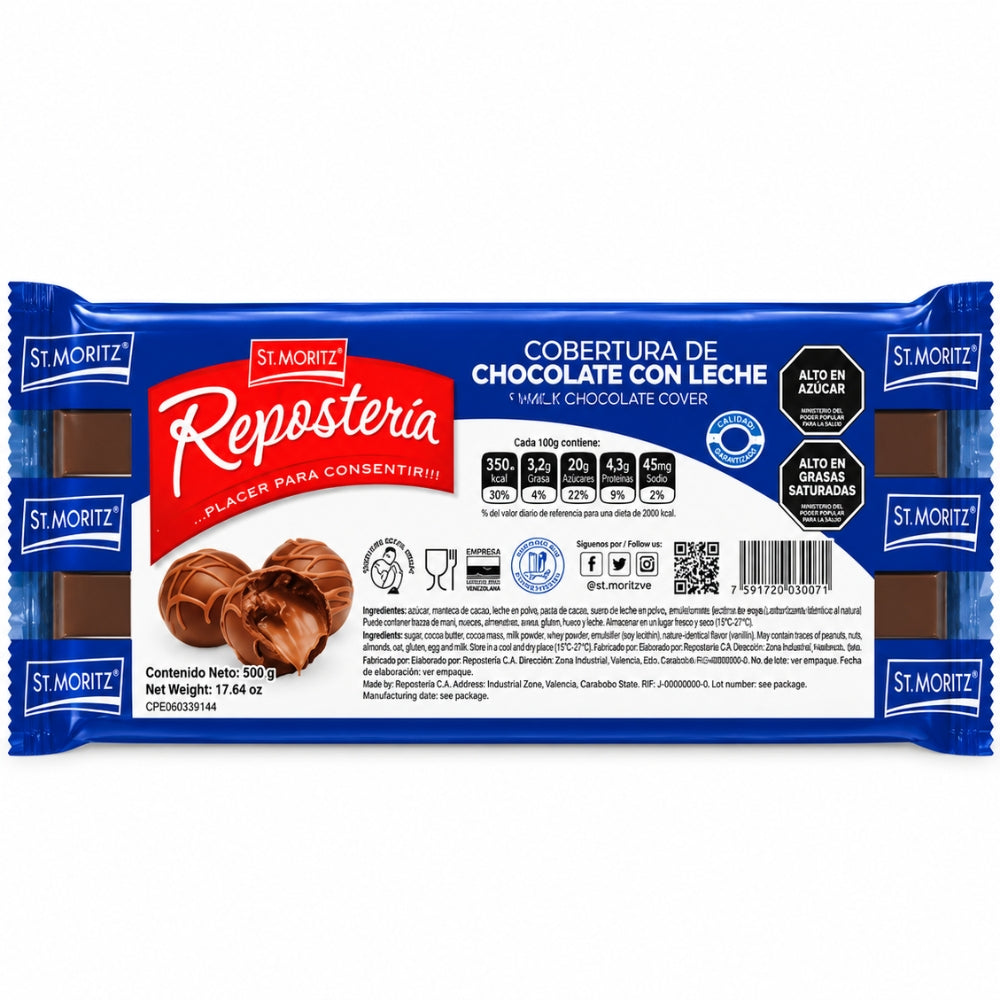 St. Moritz Reposteria Tableta de Cobertura con Sabor a Chocolate Con Leche 500gr