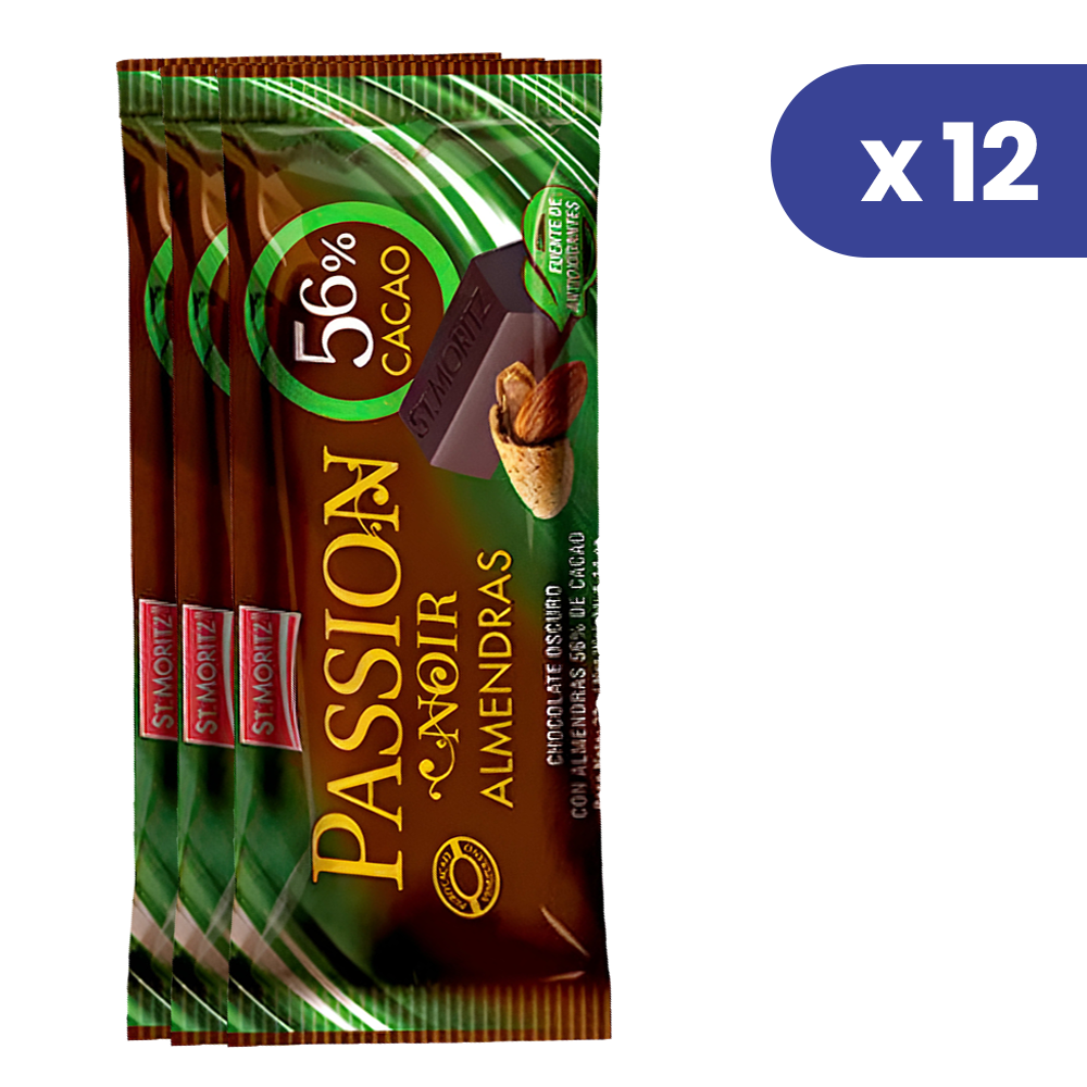 St. Moritz Chocolate Passion Noir 56% Cacao Con Almendra 12 Und x 32gr