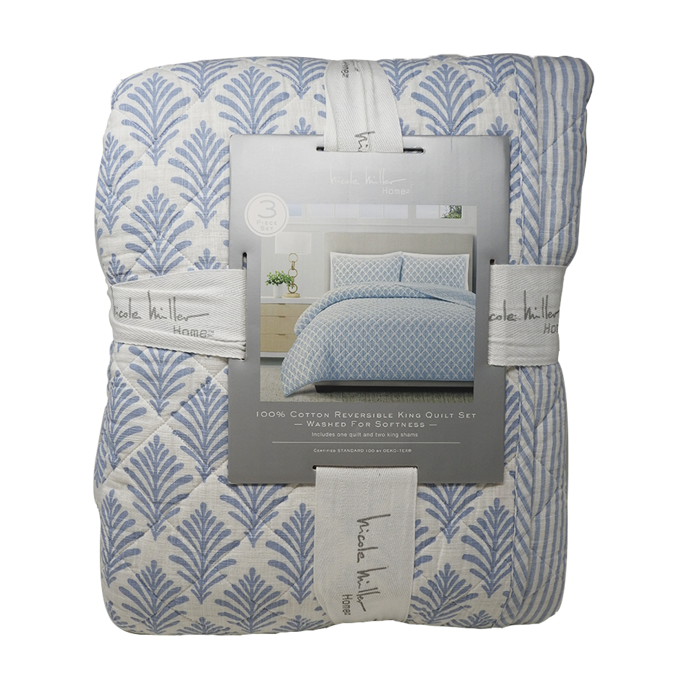 Nicole Miller Cotton Reversible King Quilt Set 3 Piezas