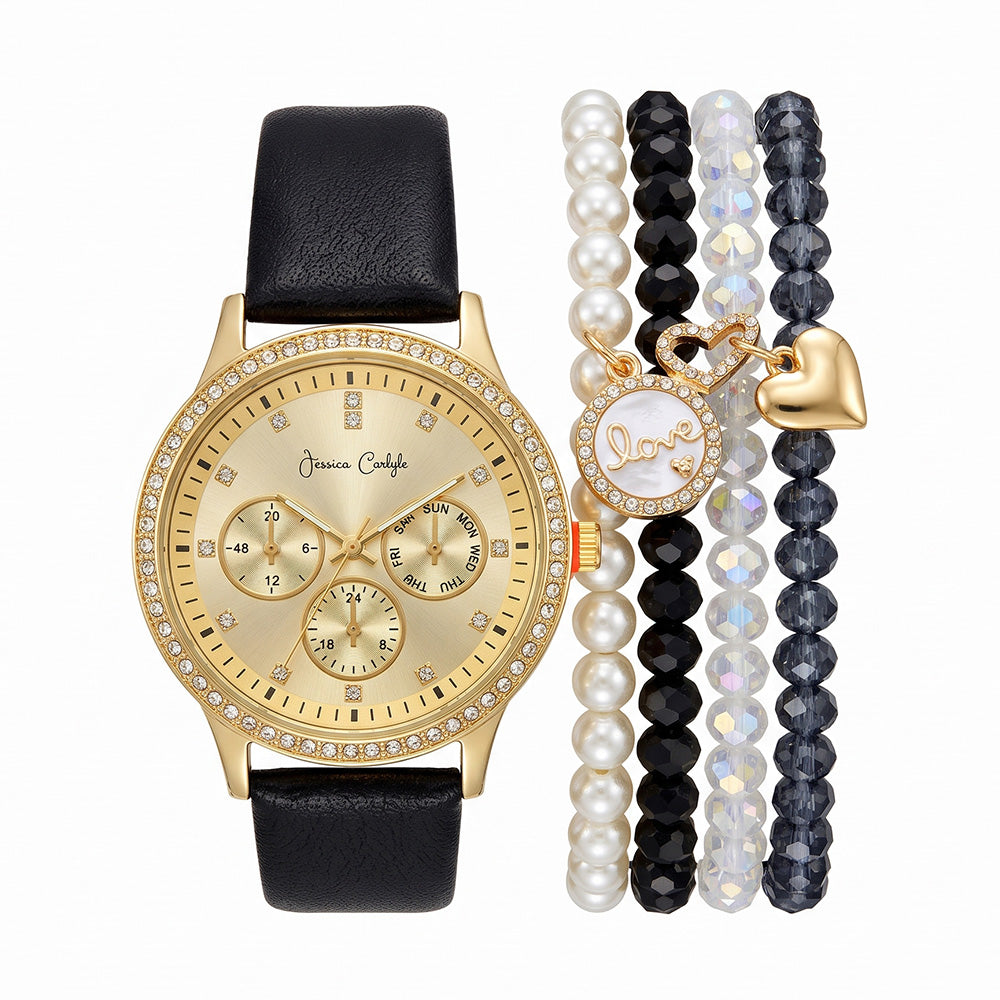 Jessica Carlyle Set De Reloj y Pulseras Gold Correa De Cuero Black