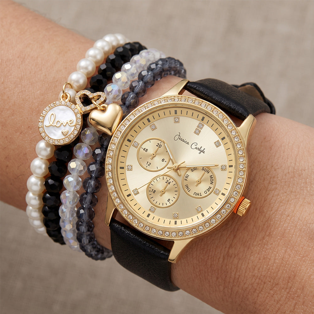 Jessica Carlyle Set De Reloj y Pulseras Gold Correa De Cuero Black