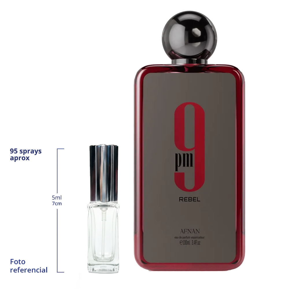 Afnan 9pm Rebel Decant Travel Size 5ml y 10ml de 95 a 150 Sprays Aprox Eau De Parfum Unisex