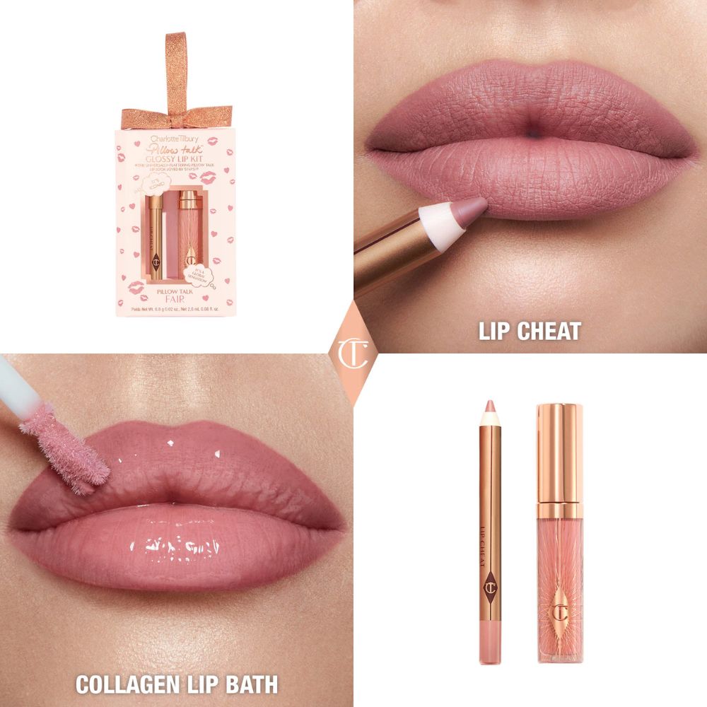 Charlotte Tilbury Pillow Talk Fair Glossy Lip Kit Mini Pillow Lip Cheat + Mini Collagen Lip Bath
