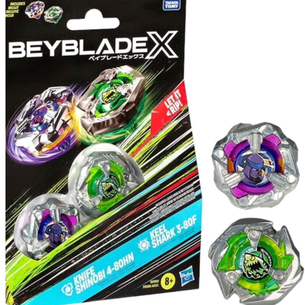 Beyblade X  2 en 1 Knife Shinobi 4-80HN & Keel Shark 3-80F Juego Inicial con Lanzador y Top de Lucha Tipo Ataque