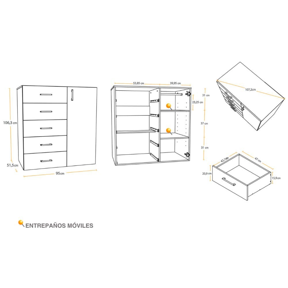 Casalista Cómoda De 5 Gavetas 1 Puerta Bardolino/Blanco