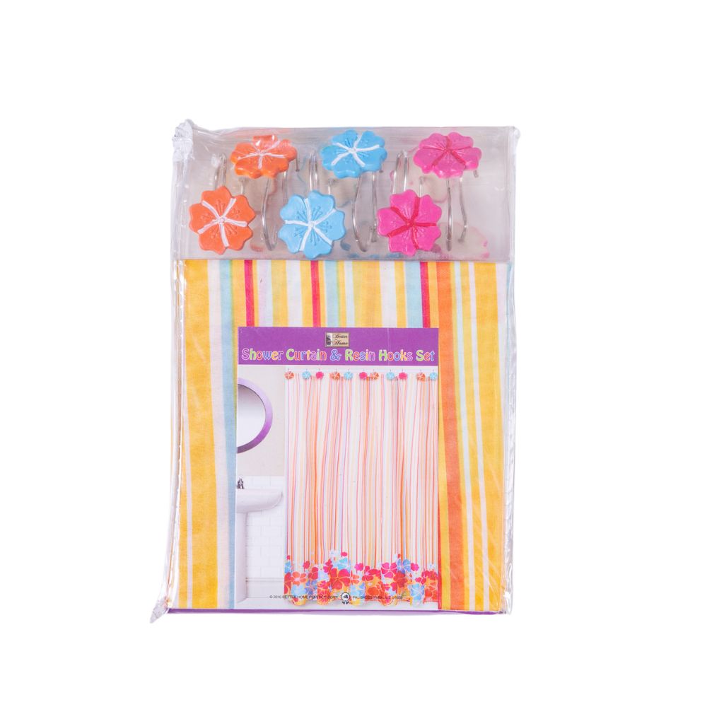 Cortina Para Ducha Shower Curtain & Resin Hooks Set 70" x 72" Flores