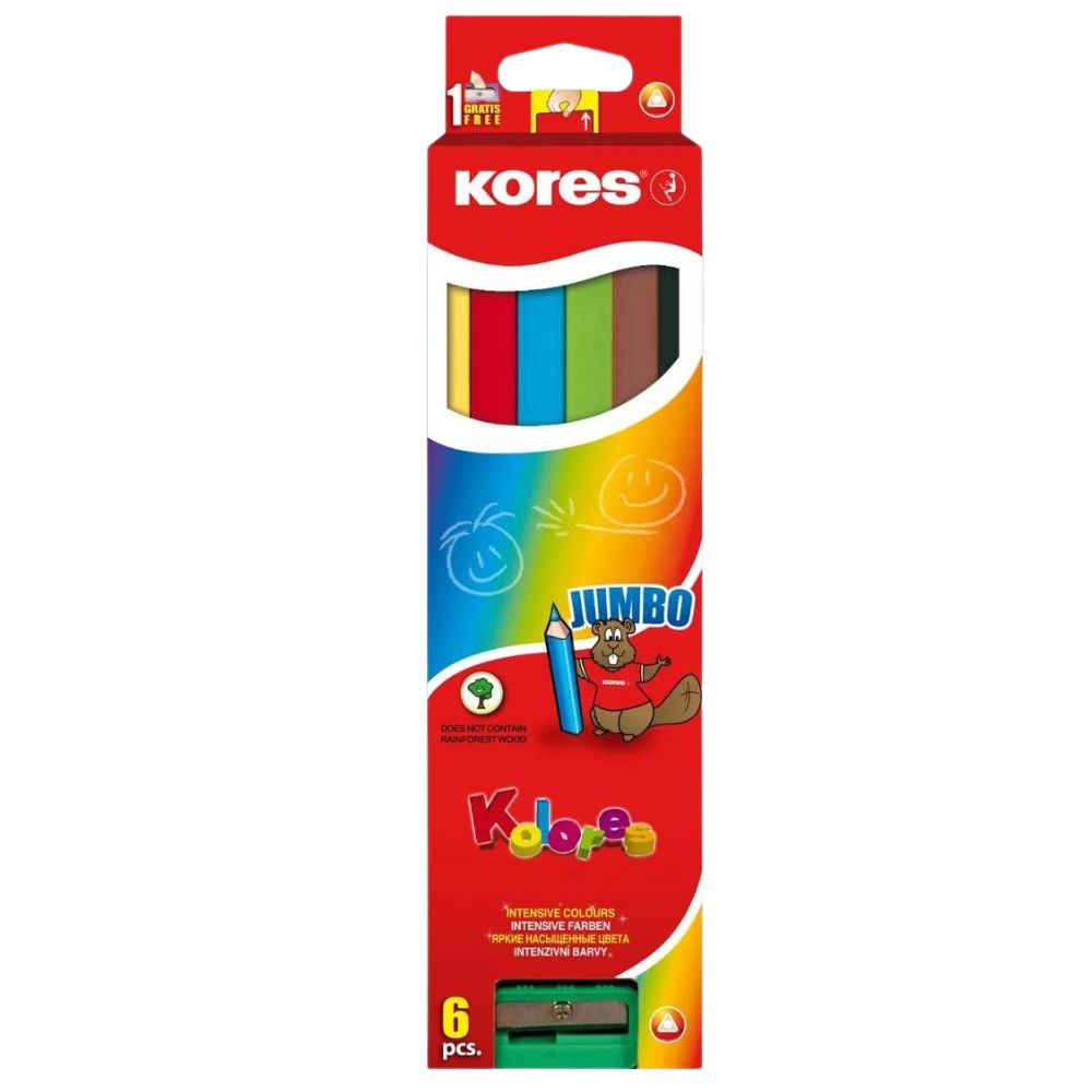 Kores Lapices De Colores Jumbo Triangulares 6 Und + 1 Sacapuntas