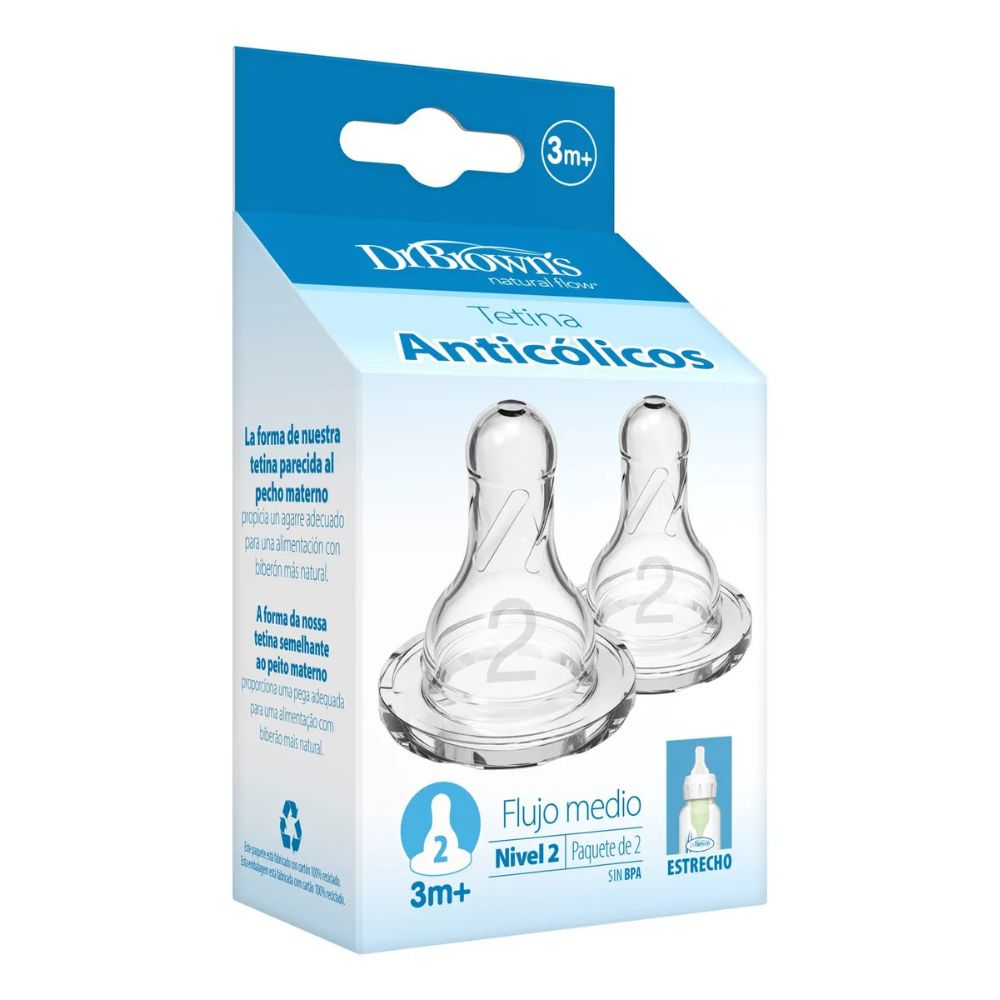 Dr.Browns Tetinas De Silicona Anticólicos Angosta 2 Pack Nivel 2 3m+