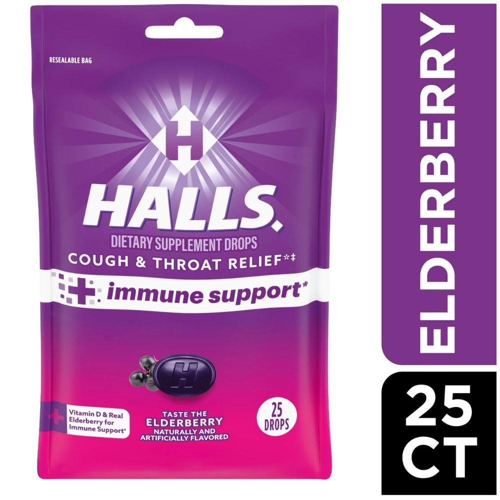 Halls Caramelos Cough & Throat Relief Immune Support Taste The Elderberry 25 Drops