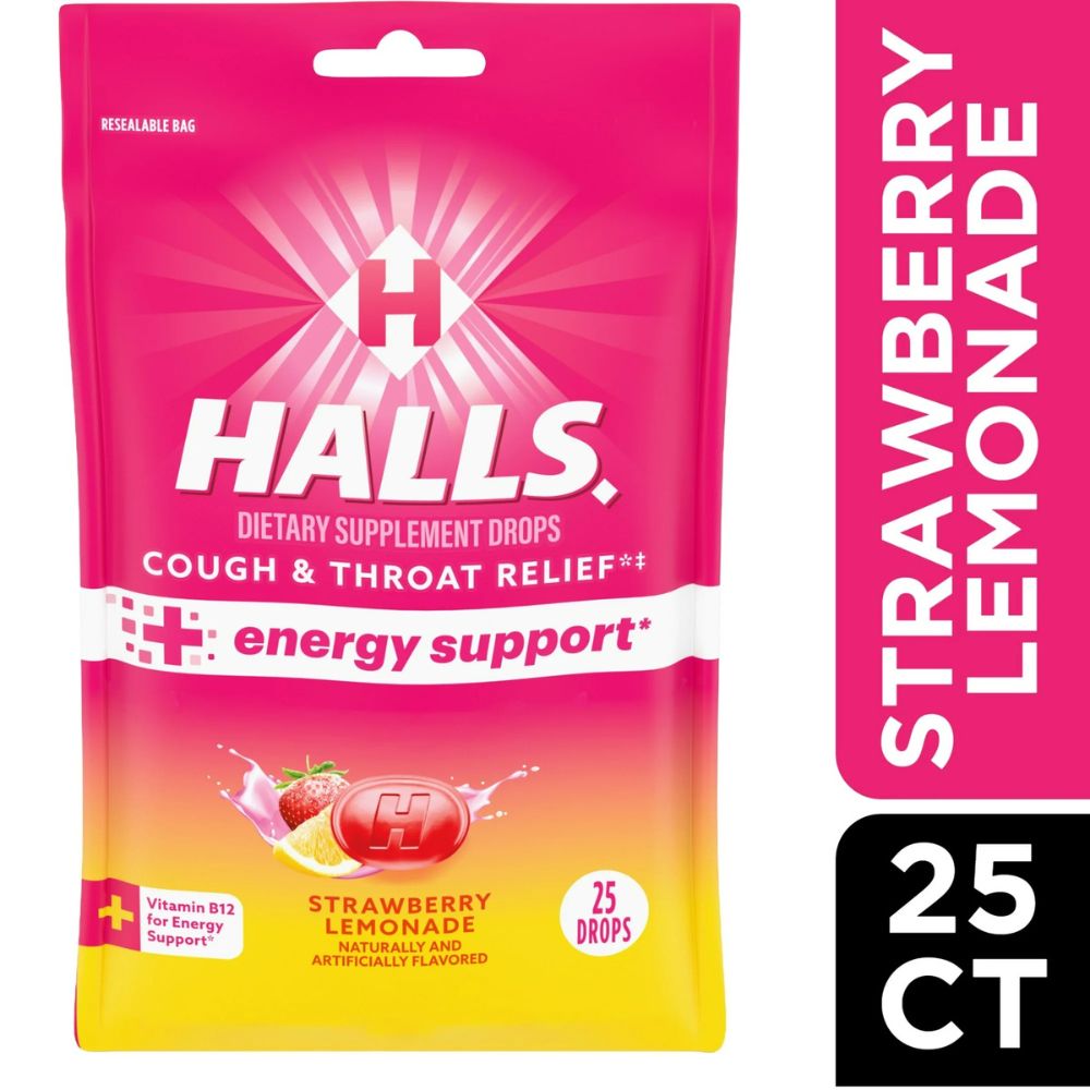 Halls Cough & Throat Relief Energy Support Strawberry Lemonade 25 Drops