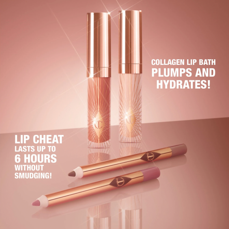 Charlotte Tilbury Glossy Nude Pink Lip Duo Iconic Nude Mini Lip Cheat + Mini Collagen Lip Bath Pillow Talk