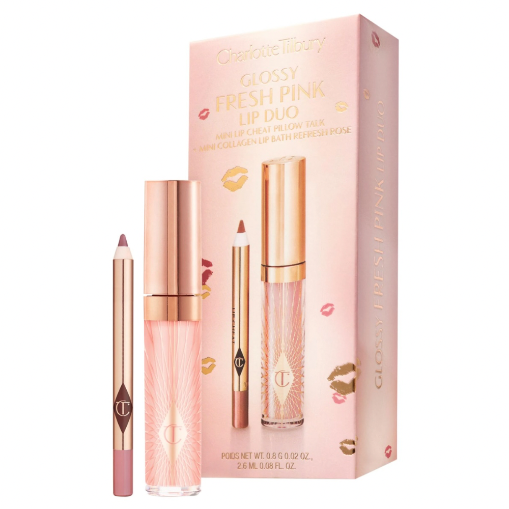 Charlotte Tilbury Glossy Fresh Pink Lip Duo Pillow Talk Mini Lip Cheat + Mini Collagen Lip Bath Refresh Rose