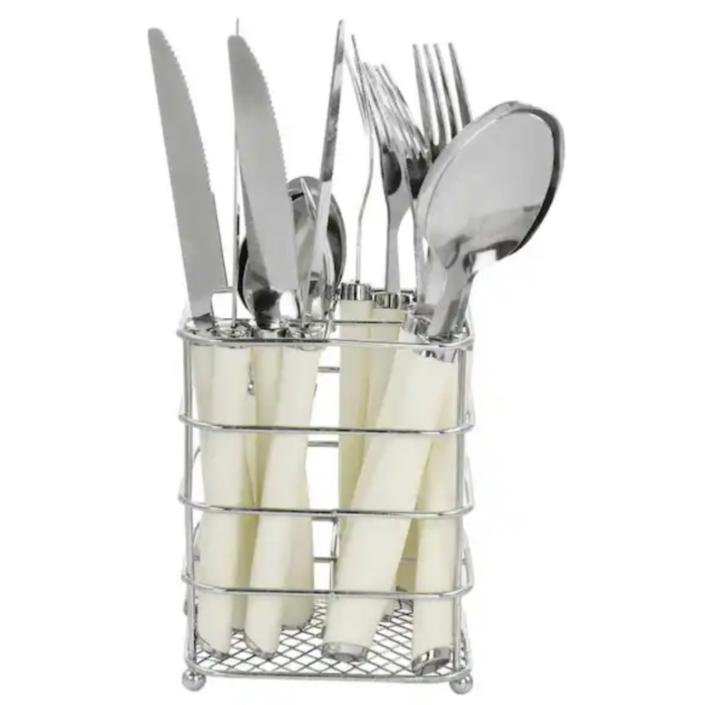 Set De Cubiertos Gibson Everyday Acero Inoxidable y Mango Blanco 16 Piezas con Soporte