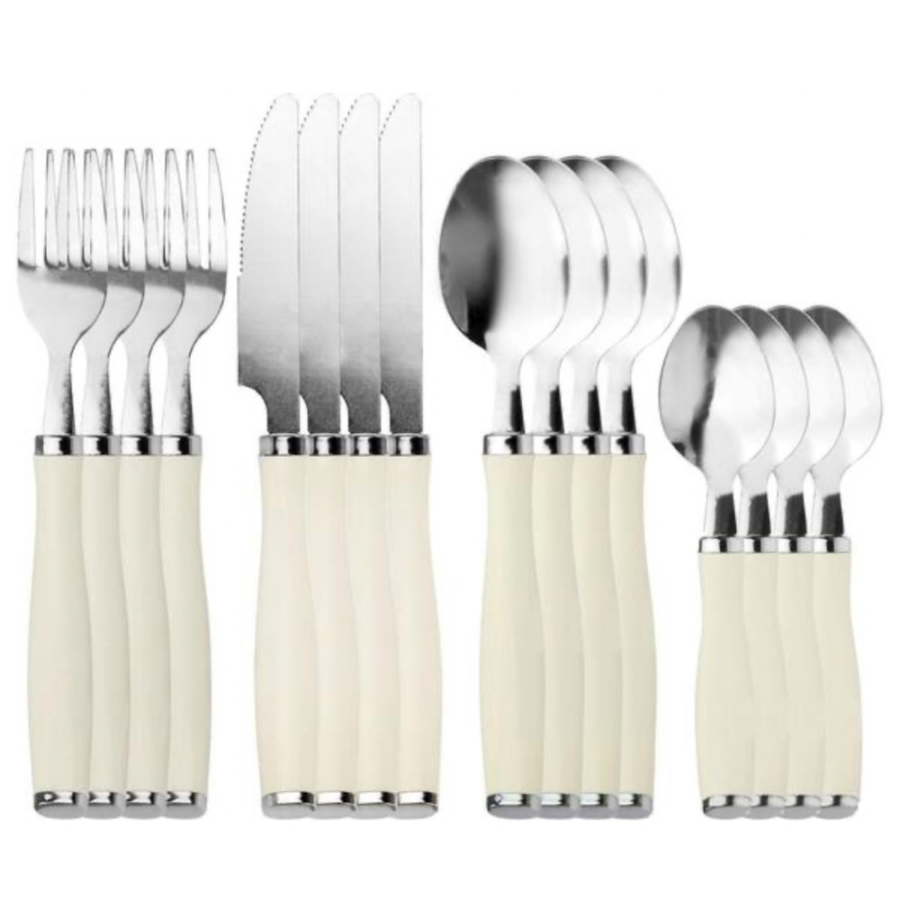 Set De Cubiertos Gibson Everyday Acero Inoxidable y Mango Blanco 16 Piezas con Soporte