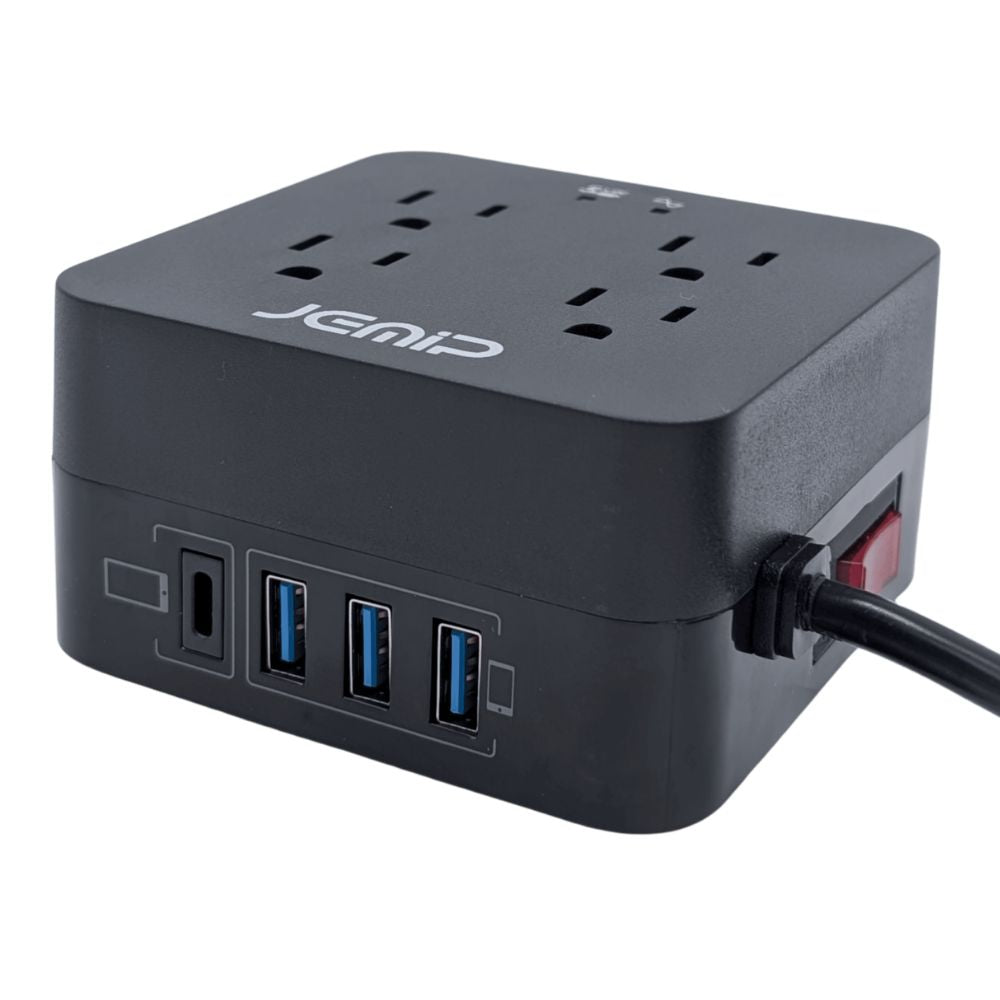 Jemip Regleta Power Strip 4 Tomas + 3 USB Tipo C Color Negro