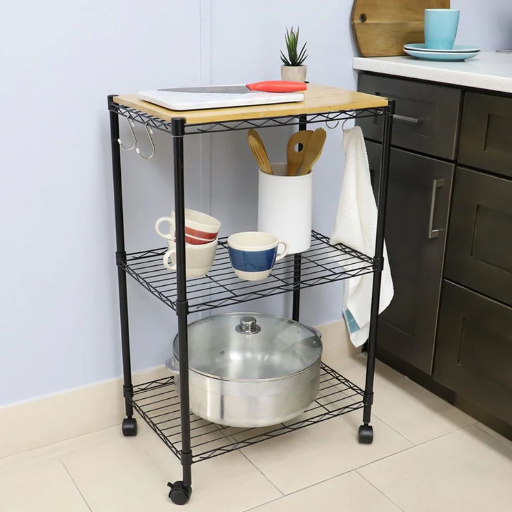 Carrito de Cocina de 3 Niveles con Cubierta de MDF y Ganchos Home Basics