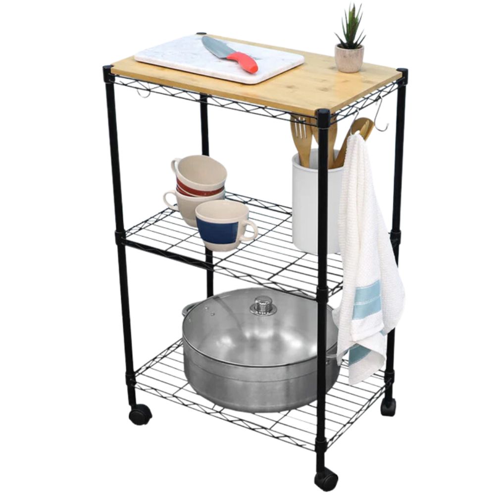 Carrito de Cocina de 3 Niveles con Cubierta de MDF y Ganchos Home Basics