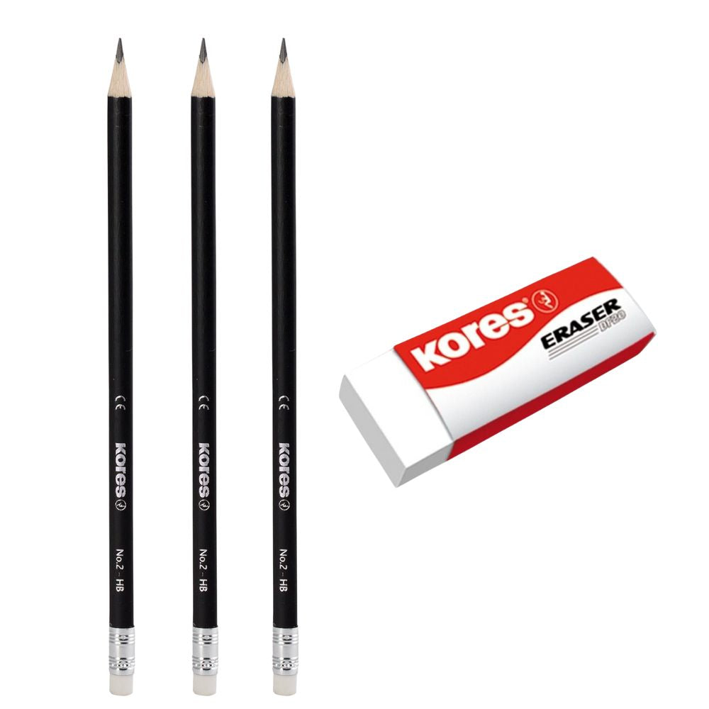 Kores Set Lapiz Grafito 2HB + Borrador Blanco 4 Und