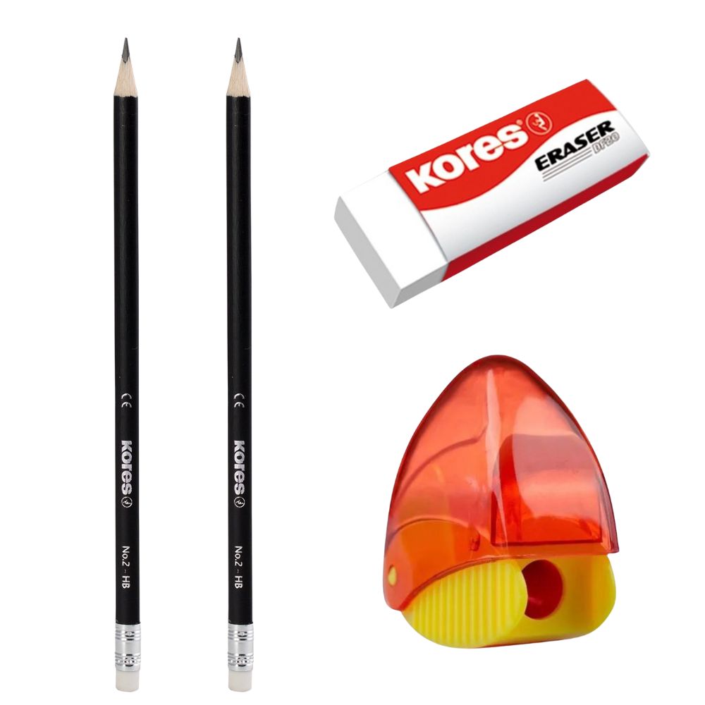 Kores Set Lapiz Grafito 2HB + Borrador Blanco + Sacapuntas Snappy 4 Und