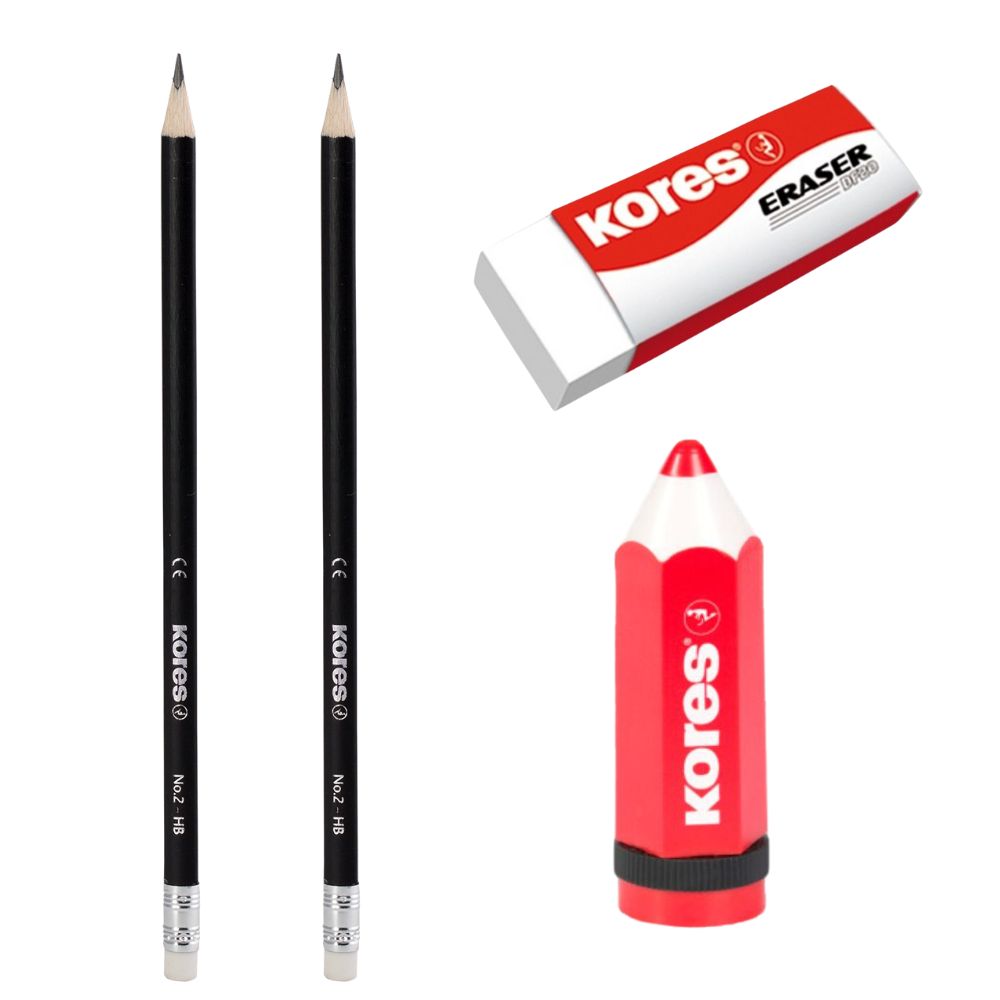 Kores Set Lapiz Grafito 2HB + Borrador Blanco + Sacapuntas Koloritos 4 Und