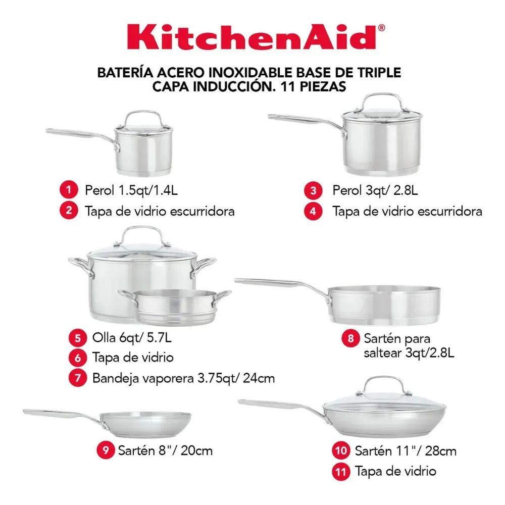KitchenAid Set De Ollas Y Sartenes De Acero Inoxidable 11Pzs