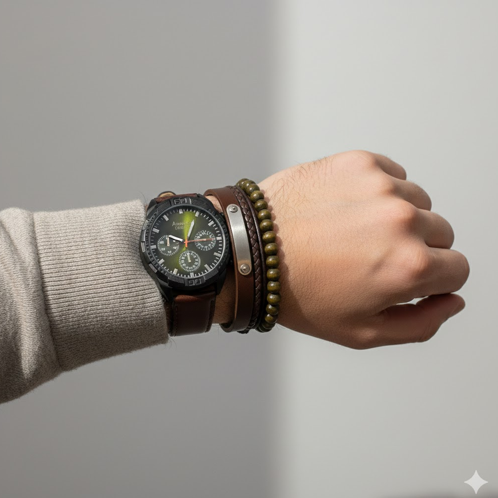 American Exchange Reloj Para Caballeros+Set De Pulseras Brown