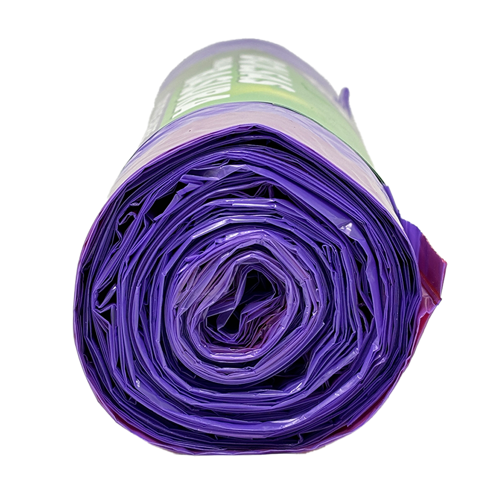 Rollo de 20 Bolsas para Basura con Cinta de Amarre de 60 Litros Color Morado con Aroma Lavanda