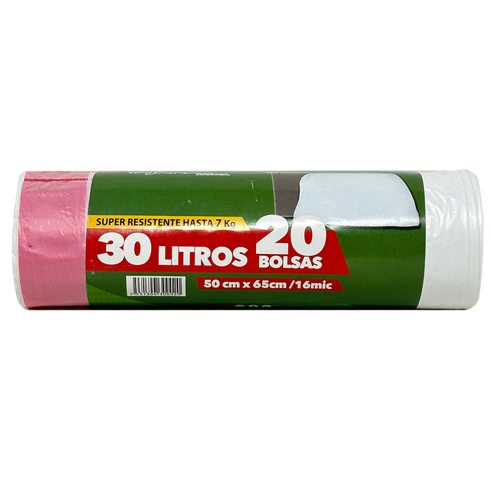 Rollo de 20 Bolsas para Basura con Cinta de Amarre de 30 Litros Color Blanco