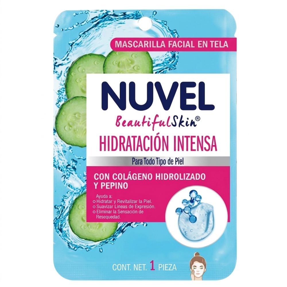 Nuvel Mascarilla Facial En Tela Colágeno Hidrolizado Y Pepino "Hidratación Intensa" 1Und