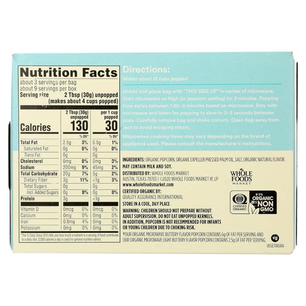 365 Whole Foods Market Organic Light Buttery Flavor Microve Popcorn 3 Und