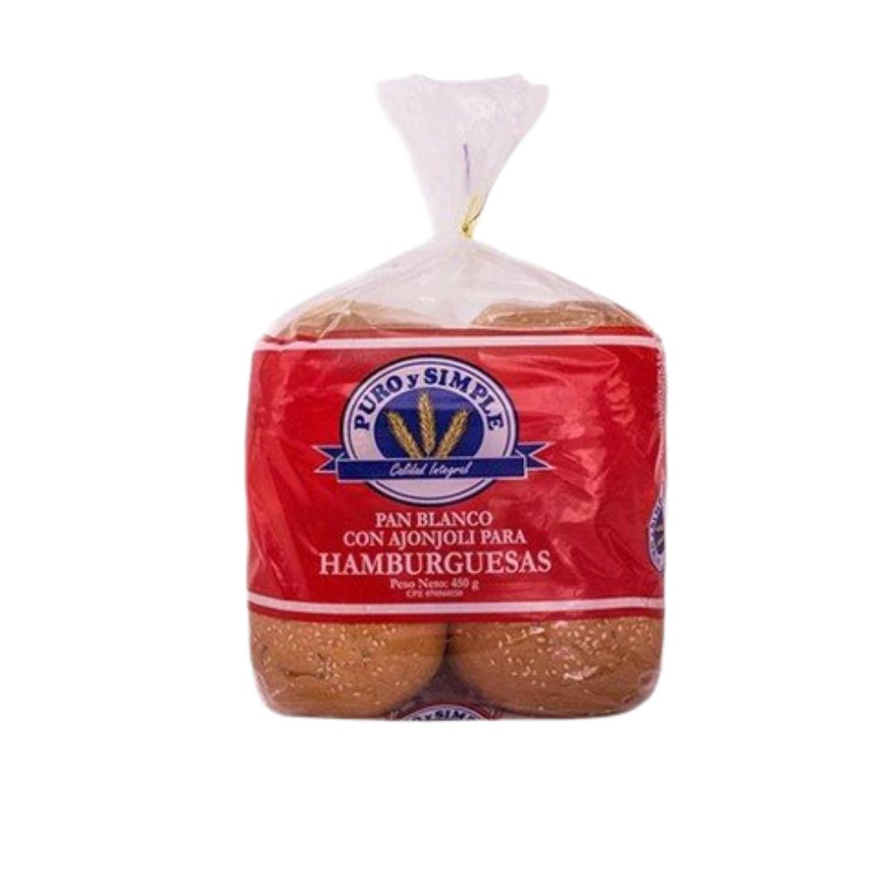 Pan Blanco Con Ajonjolí para Hamburguesas Puro y Simple 450g