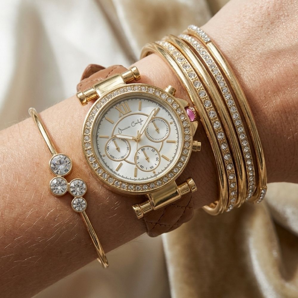 Jessica Carlyle Set De Reloj y Pulseras Gold Correa De Cuero Brown