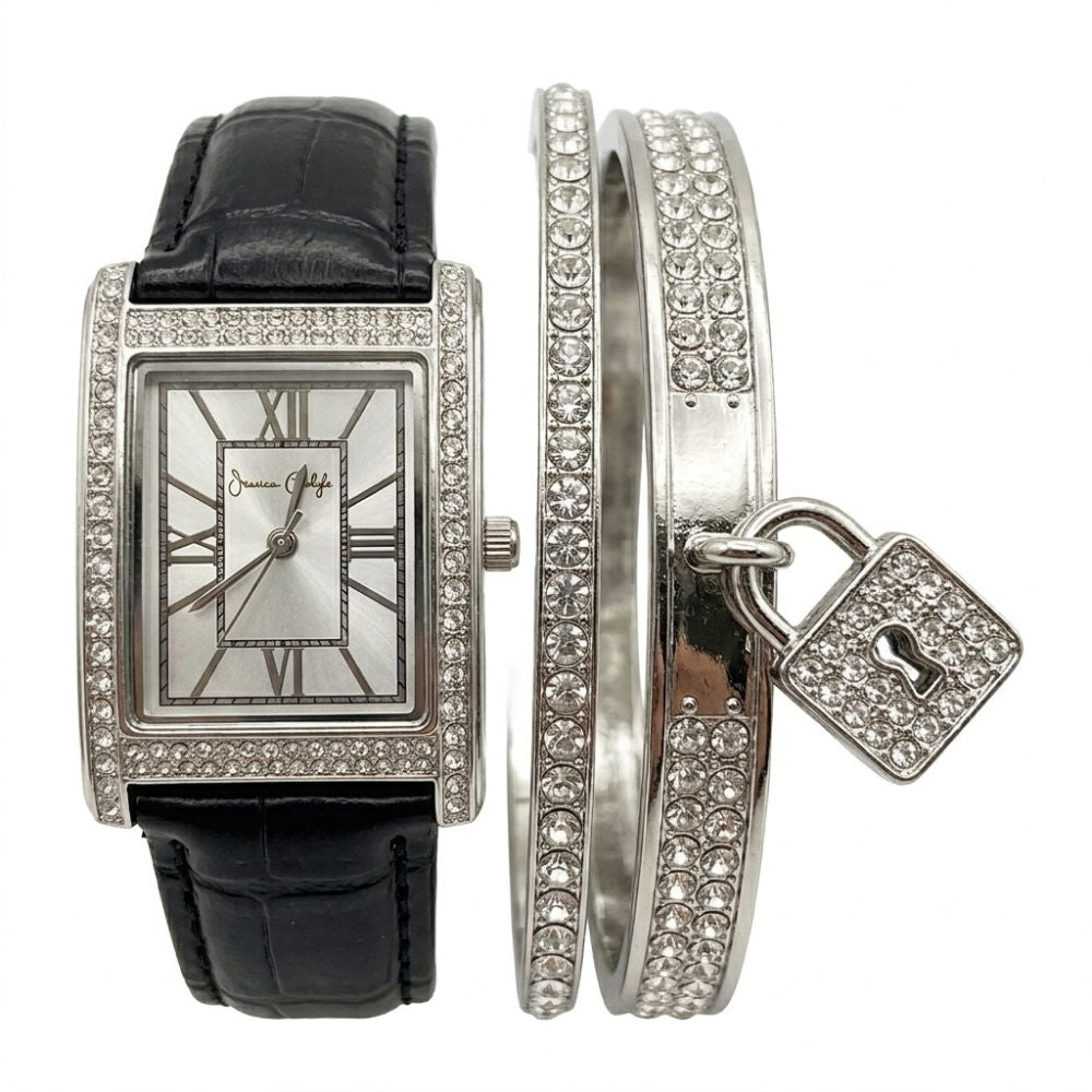 Jessica Carlyle Set De Reloj y Pulseras Silver Correa De Cuero Black