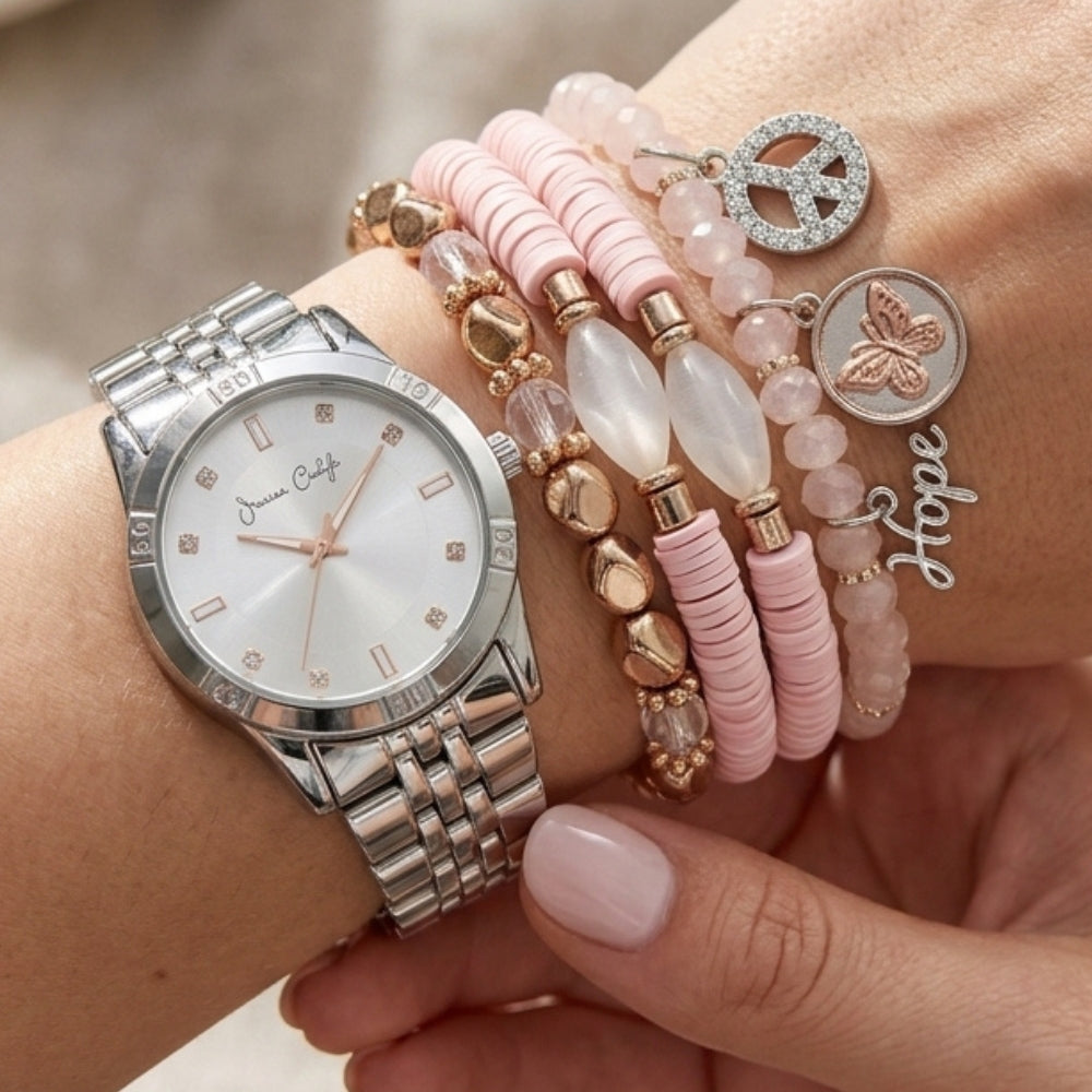Jessica Carlyle Set De Reloj y Pulseras Pink Correa De Acero Silver