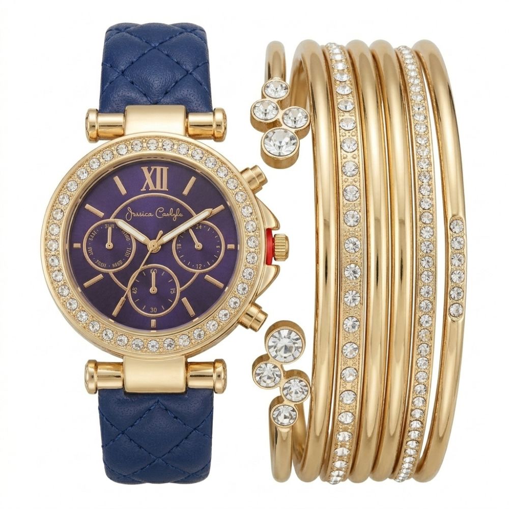 Jessica Carlyle Set De Reloj y Pulseras Gold Correa De Cuero Blue