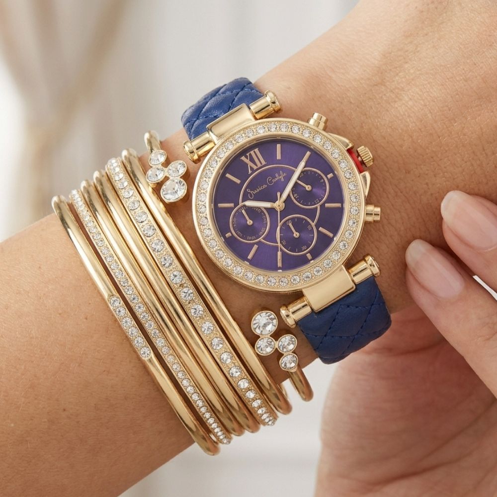 Jessica Carlyle Set De Reloj y Pulseras Gold Correa De Cuero Blue