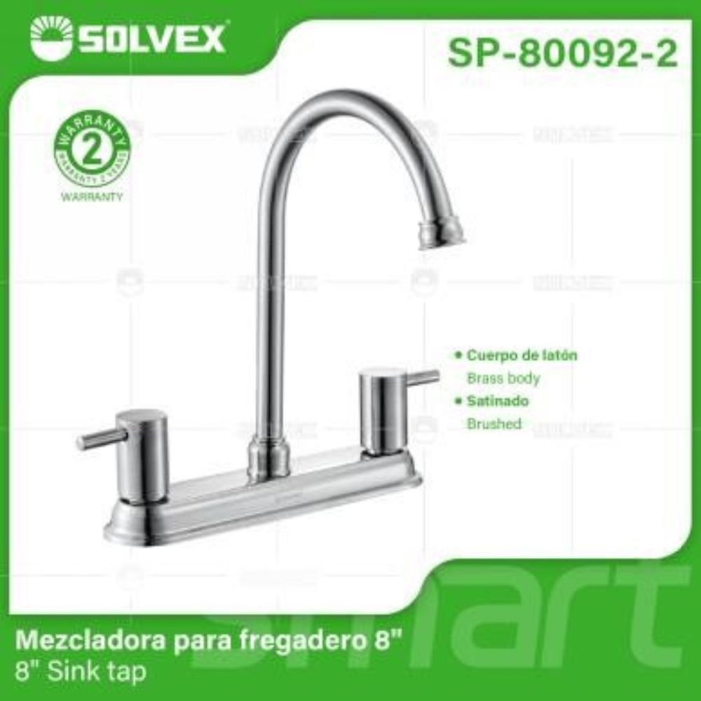 Solvex Smart Grifo Satinado Para Fregadero De Latón Cuello Cisne De 8" Manijas Palanca 1/4 De Vuelta De Zinc
