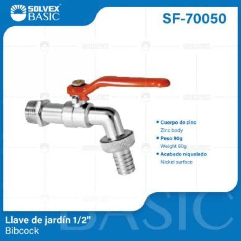 Solvex Basic Llave De Manguera De Zinc Niquelado Con Conector Rosca De Entrada 1/2" y Salida 3/4"