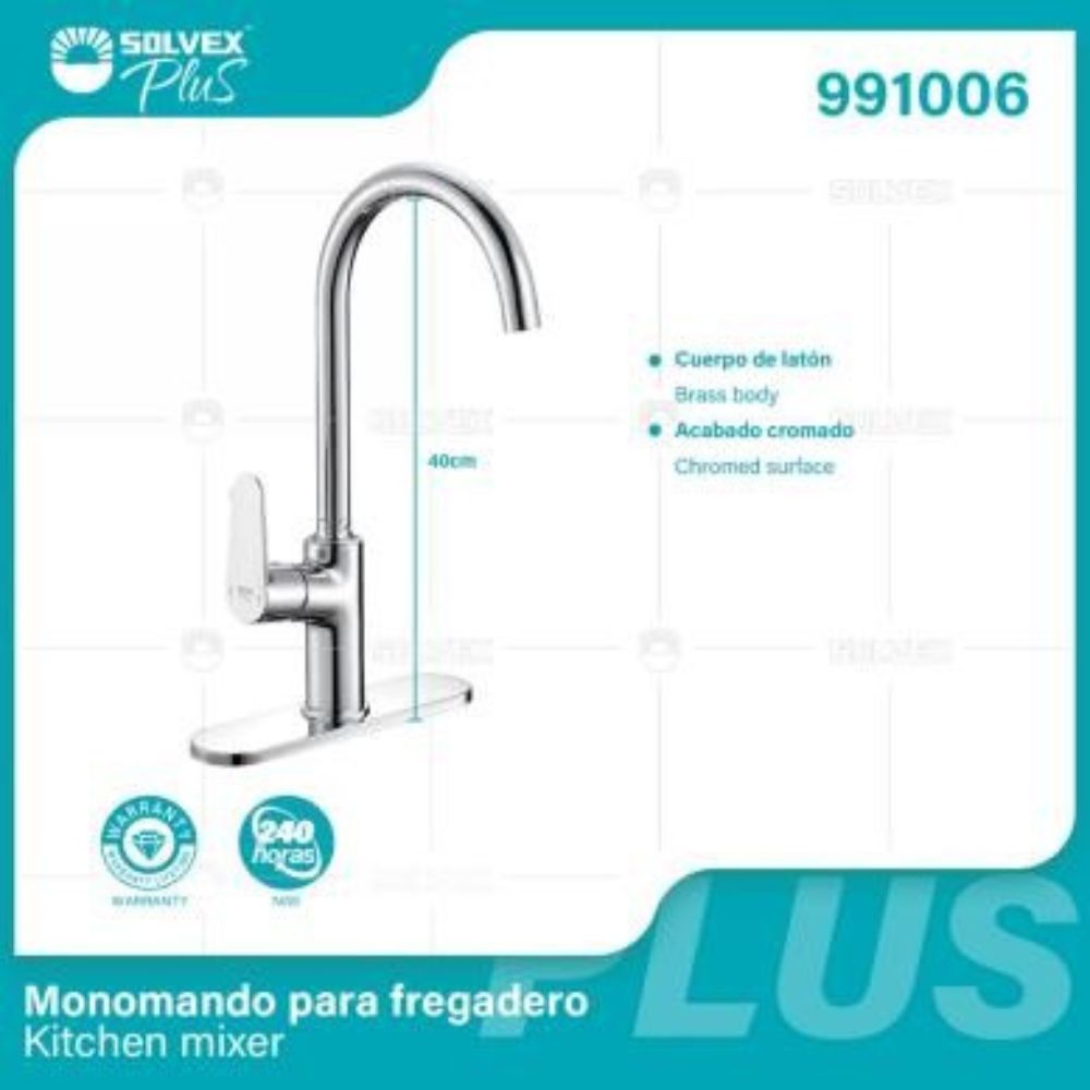 Solvex Plus Grifería Cromada Monomando Cuello Cisne Con Flange De Acero Inoxidable Para Fregadero De 10" 40 Cm