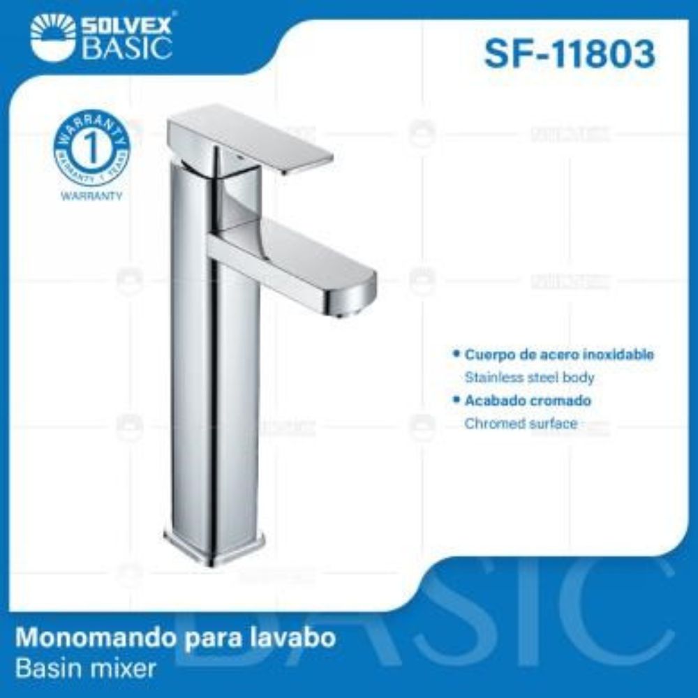 Solvex Basic Grifería Cromada Cuadrada Monomando De Acero Inoxidable Para Lavamanos Mango De Zinc 29cm
