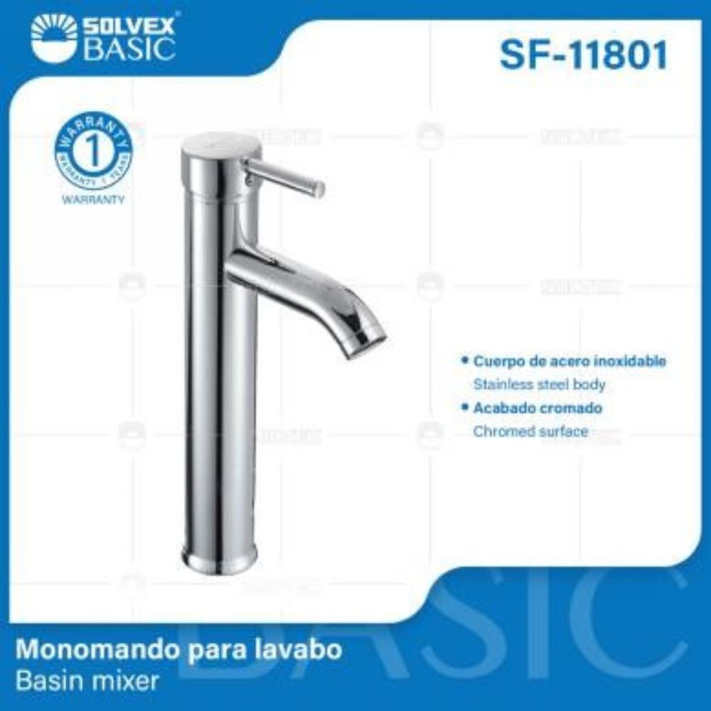 Solvex Basic Grifería Cromada Monomando De Acero Inoxidable Para Lavamanos Mango Tipo Palanca De Zinc 29Cm