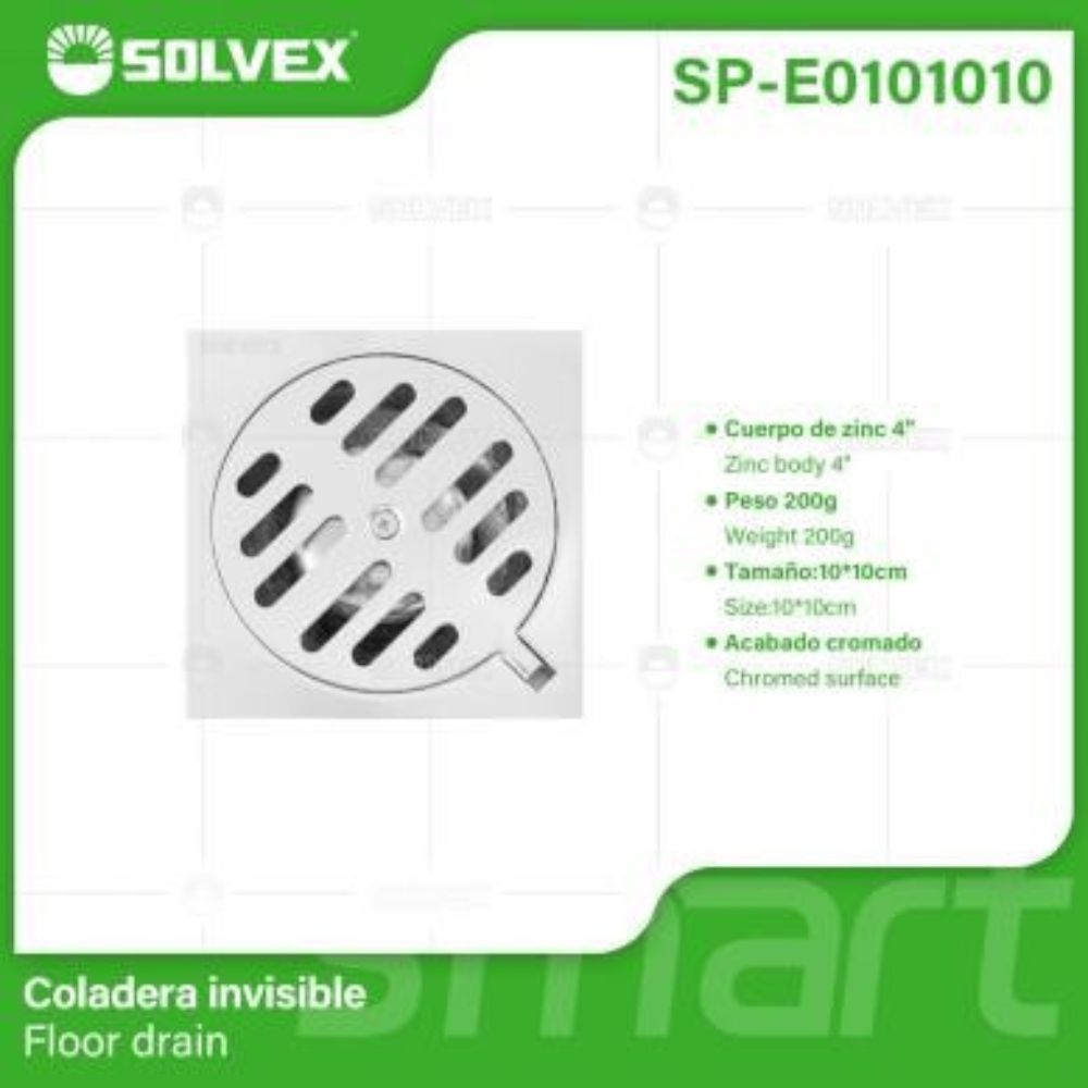 Solvex Smart Desagüe Cromado Para Piso En Zinc Antiolor Rejilla Redonda Sobre Base Cuadrada De 4"